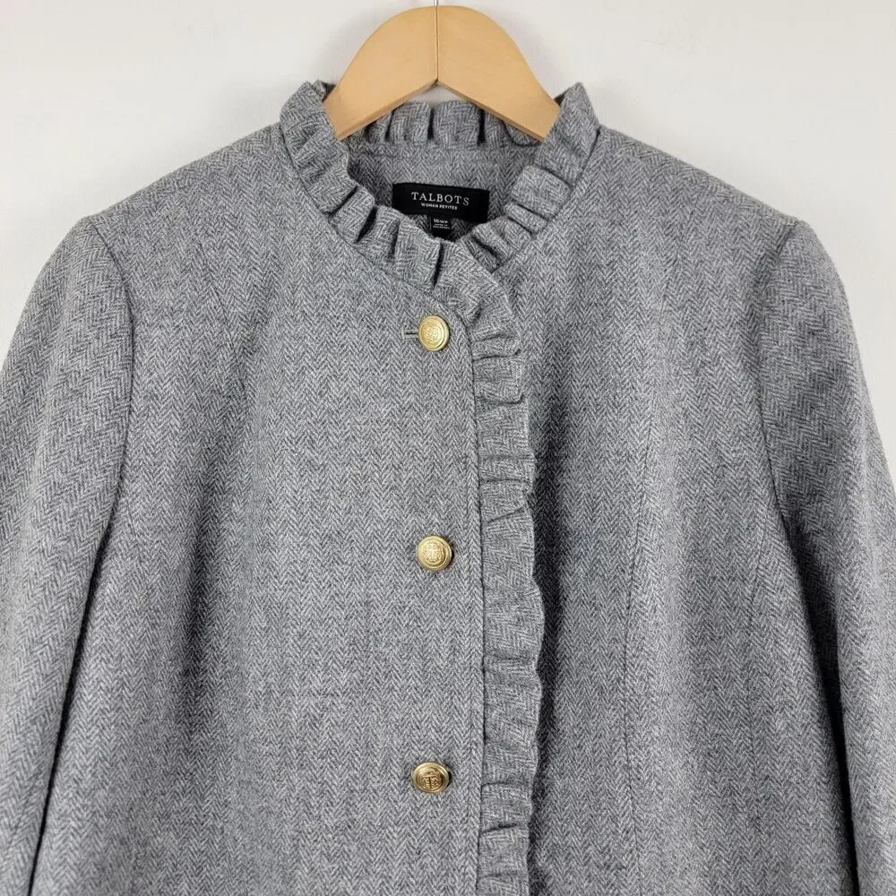 Talbots Grey Wool Blend Ruffle Trim Button Front Blazer Jacket 16 WP Corporate